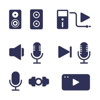Audio and icons set, including microphone, speaker, player, and other items vector