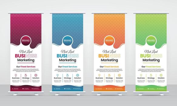 Four business marketing rollup banners with abstract splash graphics and clear text vector