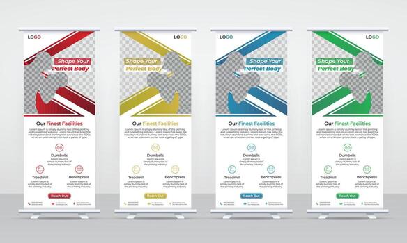 Set of four modern business rollup banner designs with abstract geometric shapes and vibrant colors isolated on white background vector