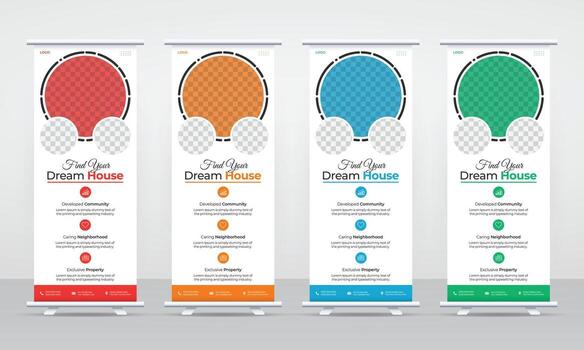 Four colorful business rollup banners with circular design elements and space for text and images vector