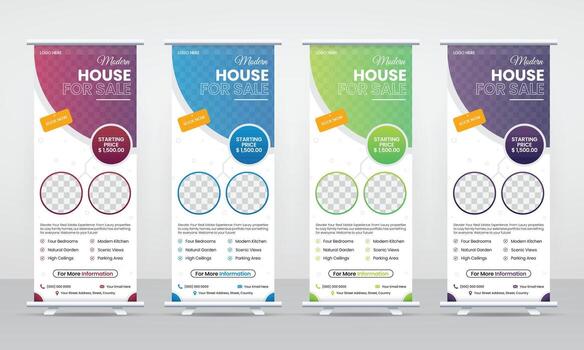 Set of four modern roll up banners with colorful abstract design elements and space for images and text vector