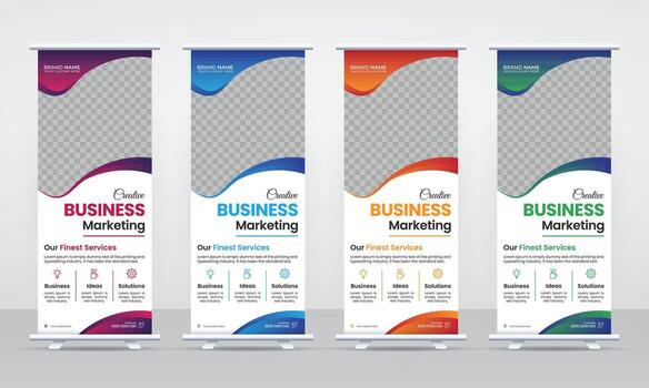 Set of four business marketing roll up banner stands with different color schemes and design elements vector