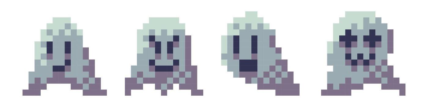 Ghost pixel art in retro 8bit halloween style with cute face and scary expression, spooky cartoon character sprite for game avatar, digital decoration fantasy element with fear and haunted emotion. vector