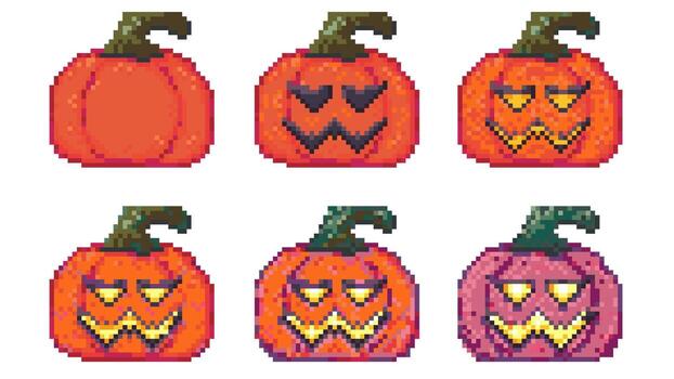 Pixel art set with smile pumpkin face emoticon. Retro 8bit halloween character avatar. Funny arcade game sprite with vintage expression. Cute 2d animation sticker, creative mood effect. vector
