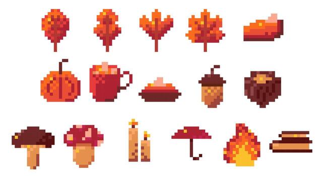 Halloween pixel art pumpkin icon. Abstract arcade game illustration sprite element set with leaves, pie, fire and mushroom. Retro autumn mosaic shading badge for fall in red and. Heat fiery energy vector