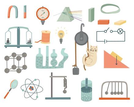 física ciencias colocar. mano dibujado plano estilo ilustración. espalda a colegio tema elementos. vector