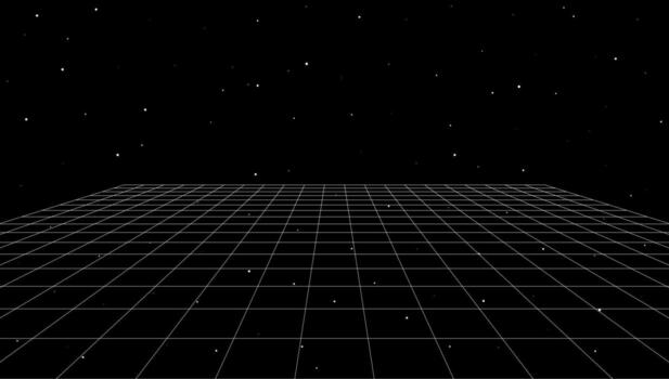 Futuristic, minimalistic perspective grid on black background with stars. Simple geometric layout for backgrounds, digital themes, or retro inspired designs vector
