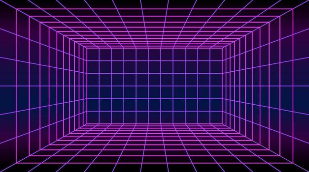 Futuristic cyberpunk grid room background. Neon pink lines create a 3D perspective tunnel for tech designs. vector