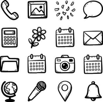 Hand drawn icons of various objects isolated on white background vector