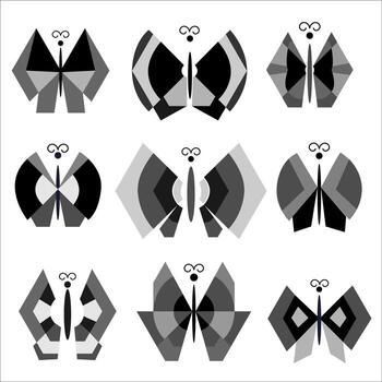 A set of geometric butterfly icons of different shapes. The style is Constructivism. Circles, triangles. The style is Constructivism. Circles, triangles. Black, white, gray vector