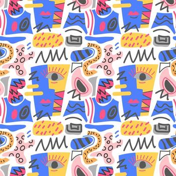 Modern abstract pattern with geometric shapes resembling a woman's face Avant-garde, fantasy, collage. Texture with dots, circles. stripes. Line. For textile design, invitations, postcards, paper. vector