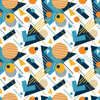 modern geometric pattern with circles, triangles and lines in bright hues. The overlapping elements create a visually engaging effect, perfect for wallpapers, textiles, or any decorative purpose vector