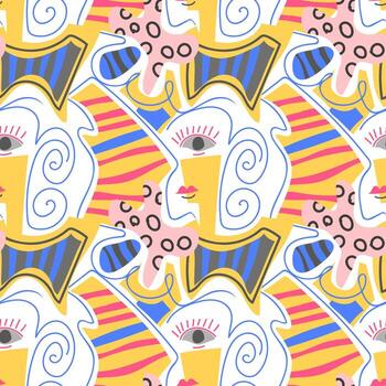 Modern abstract pattern with geometric shapes resembling a woman's face. Fantasy, collage. Texture with dots, circles. stripes. Line. For textile design, invitations, postcards, paper. vector