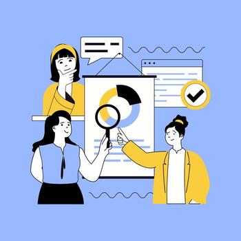 Basic office concept for modern web design. People researching financial charts report at presentation, discussing strategy, analyzing data, cooperating, collaborating at meeting. illustration. vector