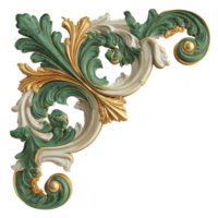 barroco estilo ornamental esquina con verde, blanco, y oro acanto hojas, presentando intrincado floral detalles y elegante arremolinándose diseño, aislado en transparencia antecedentes png