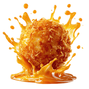 fritte formaggio palla con croccante d'oro impanatura spruzzi nel ricco arancia salsa, isolato su trasparenza sfondo, in mostra delizioso e appetitoso merenda con vivace struttura e colore png