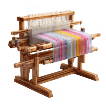 Handmade wooden table loom with colorful threads arranged for weaving fabric, showcasing traditional craftsmanship and vibrant textile creation in rustic setting png