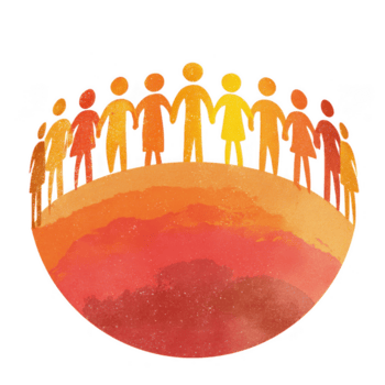 personas participación manos en circulo en vistoso globo simbolizando unidad, comunidad, y unión con calentar naranja y rojo tonos creando positivo y inclusivo atmósfera png