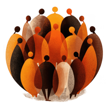Abstract group of people standing in circle with warm orange and brown tones symbolizing unity and community connection png