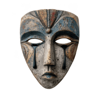 African tribal mask with painted tears and intricate patterns, showing somber expression and textured surface isolated on transparency background png