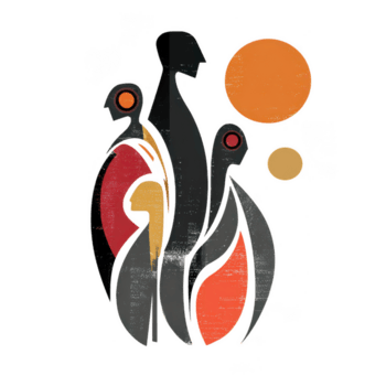 abstract familie groep met gestileerde menselijk figuren en circulaire vormen in warm kleuren, uitdrukken eenheid en verbinding in modern artistiek ontwerp png