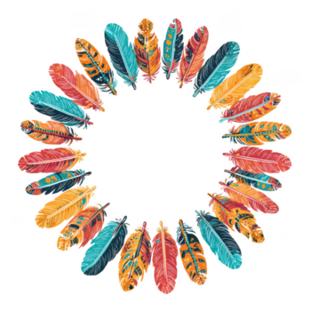 Colorful feathers arranged in circular pattern with vibrant orange, red, and blue hues, creating lively and artistic design symbolizing unity and celebration png