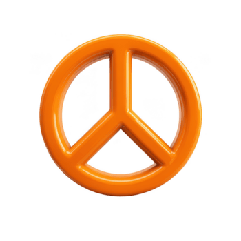 Peace symbol icon in bright orange color with glossy finish, isolated on transparency background, representing harmony and anti war message with modern 3D style png
