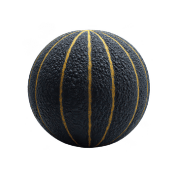 nero strutturato palla con giallo verticale strisce isolato su trasparenza sfondo, mostrando ruvido superficie e sferico forma con dettagliato illuminazione e ombra effetti png