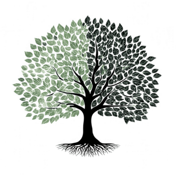 albero con metà verde e metà buio le foglie simboleggiante crescita e equilibrio, mostrando radici e rami nel chiaro design con naturale elementi e contrasto png