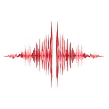 Red sound wave graphic with sharp peaks and valleys on transparency background, representing audio frequency or voice signal visualization in dynamic and energetic style png