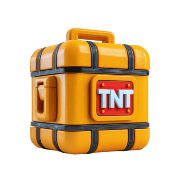 explosiv låda med hantera ljus orange behållare med svart Ränder och röd märka markant med vit brev tnt isolerat på genomskinlighet bakgrund png