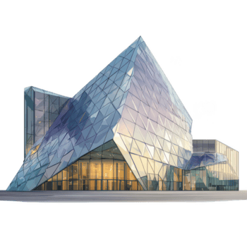 moderno vaso edificio con angular diamante conformado estructura reflejando suave luz, exhibiendo contemporáneo arquitectura y geométrico diseño con transparente paredes y iluminado interior png