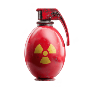 Red grenade with radioactive symbol and metal handle, showing worn texture and scratches, isolated on transparency background, conveying danger and hazard png