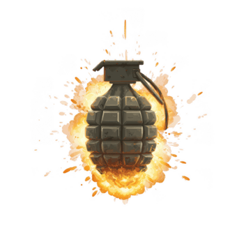 Hand grenade with explosion effect, military weapon with fiery blast and sparks, dangerous explosive device in action, intense combat element png