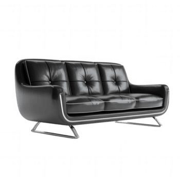 Black leather couch with chrome frame and modern design, featuring three cushioned seats and button tufting for stylish and comfortable look png