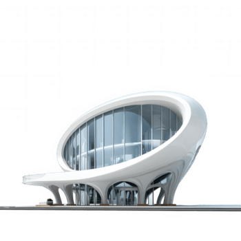 trogen oval byggnad med stor glas fönster och slät vit böjd strukturera, modern arkitektur design med öppen Plats och elegant stil png