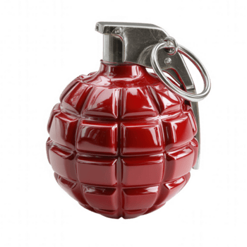 rosso granata con metallo perno e leva isolato su trasparenza sfondo, brillante superficie riflettendo luce, dettagliato vicino su di esplosivo dispositivo con strutturato corpo e sicurezza squillare png