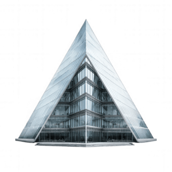Modern triangular glass building with sharp angles and reflective windows isolated on transparency background, showcasing sleek architectural design and futuristic style png