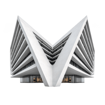 moderno v em forma construção com branco concreto fachada e vidro janelas isolado em transparência fundo, exibindo afiado ângulos e contemporâneo arquitetônico Projeto png