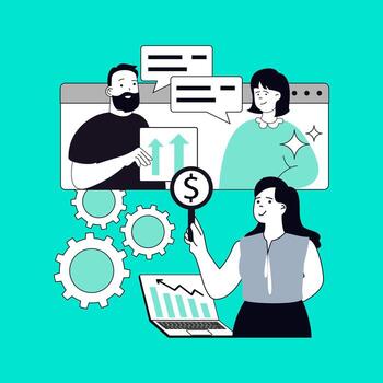 negocio tecnología concepto para moderno web diseño. personas analizando financiero datos estadística, colegas colaboración y comunicación a reunión, lograr metas en trabajo en equipo. ilustración. vector