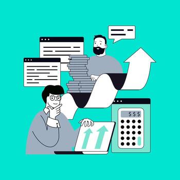 Business technology concept for modern web design. People working in team at workplaces, calculating company profit, doing accountancy and bookkeeping money growth, brainstorming. illustration. vector