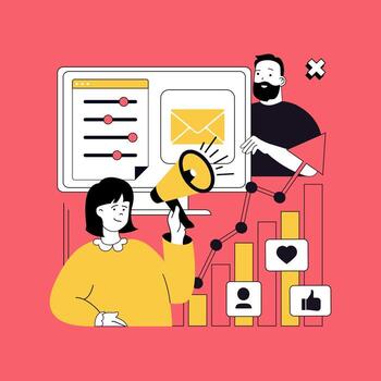 Digital content marketing concept for modern web design. People making internet advertising, targeting audience, analyzing statistics, attracting followers from social network. illustration. vector