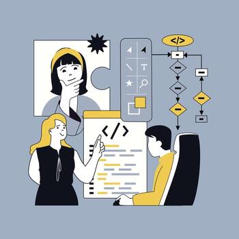 diseño software desarrollo concepto para moderno web diseño. personas creando programa código, Ingenieria y ajustes algoritmo a pantalla, informática y Procesando espalda final sistema. ilustración. vector