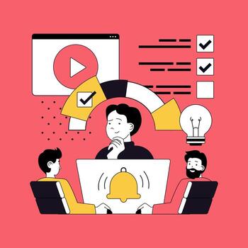 Digital content marketing concept for modern web design. People making data statistic analysis and planning creative online advertisement, targeting and attracting audience. illustration. vector