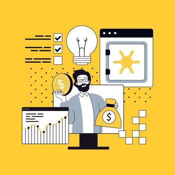 Business technology concept for modern web design. People brainstorming ideas, creating new startup projects, making investments, accounting and doing deposits, achieving goals. illustration. vector