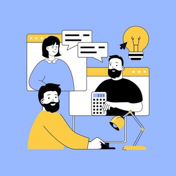 Basic office concept for modern web design. People discussing strategy, brainstorming ideas, working in team by call meeting, analyzing project, colleagues communicating. illustration. vector