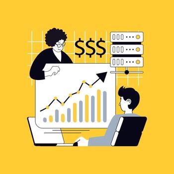 Business technology concept for modern web design. People analyzing finance data and statistics report, collaboration at meeting, planning investment, earning money in teamwork. illustration. vector