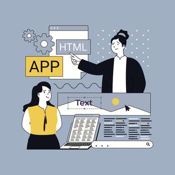 diseño software desarrollo concepto para moderno web diseño. personas creando programa código en html idioma, Ingenieria espalda final plantilla, programación y Procesando aplicaciones ilustración. vector