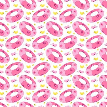 Seamless pattern with inflatable ring, butterfly, rubber duck, pebbles. vector