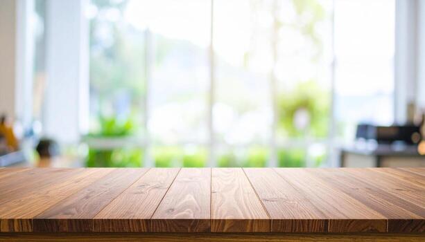 Dark walnut table surface visible grain softly lit frosted window cozy background photo